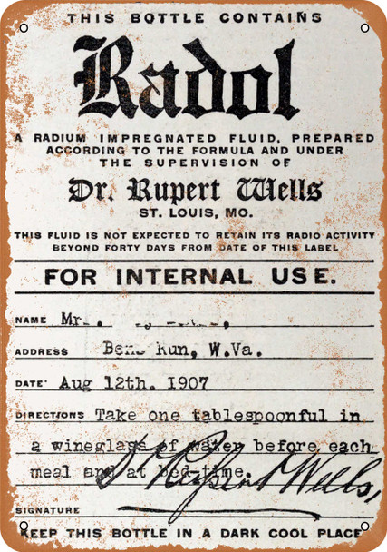 1911 Radol Radium Medicine Prescription - Metal Sign