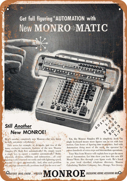 1954 Monro-Matic Simplex 8N Calculator - Metal Sign