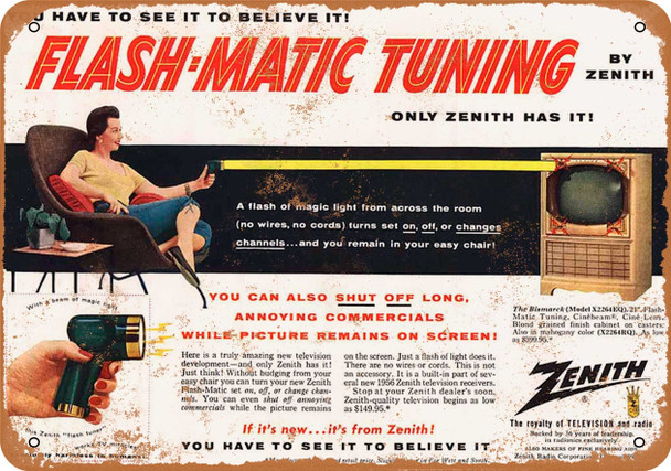 1955 Zenith Flash-Matic Tuning First Television Remote Control - Metal Sign