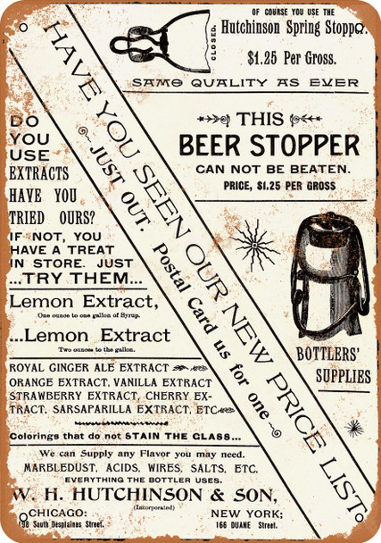 1897 Hutchinson Bottler Supplies - Metal Sign