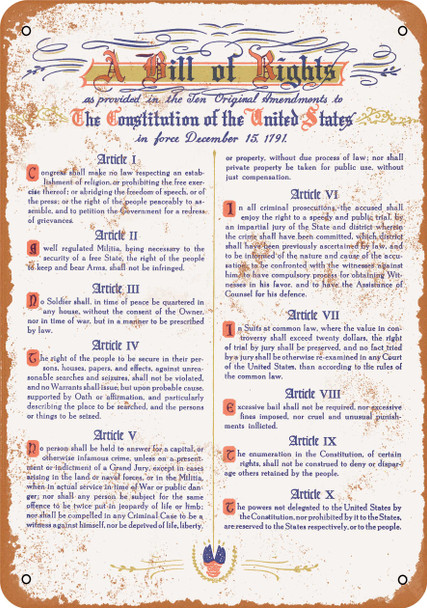 1791 United States Bill of Rights - Metal Sign