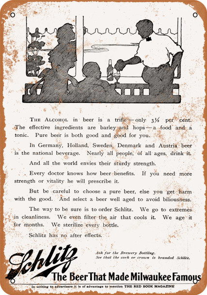 1908 No Drinking Age Schlitz Beer - Metal Sign