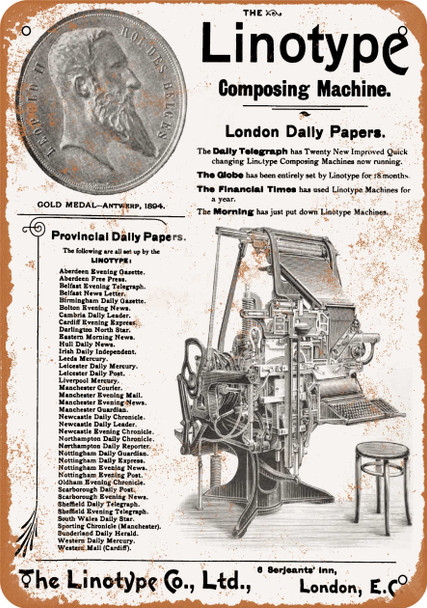 1895 Linotype Composing Machines - Metal Sign