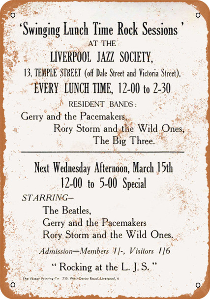1961 Beatles at the Liverpool Jazz Society - Metal Sign