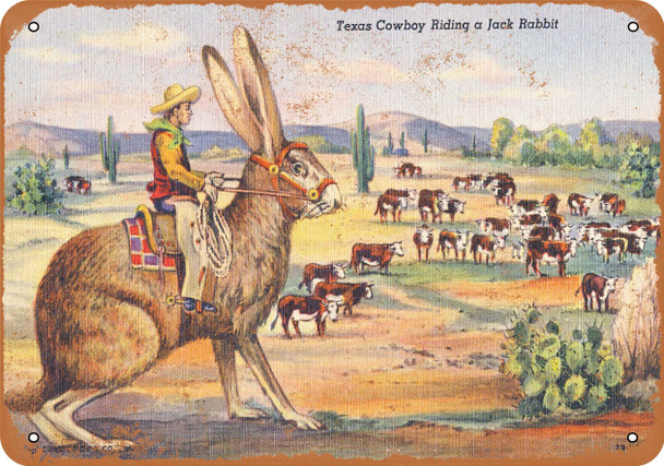 Texas Cowboy Riding a Jack Rabbit - Metal Sign