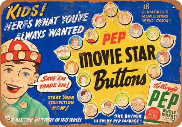 1945 Pep Flakes Movie Star Buttons - Metal Sign
