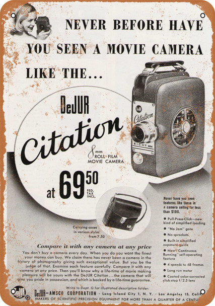 1949 DeJUR Citation Movie Cameras - Metal Sign
