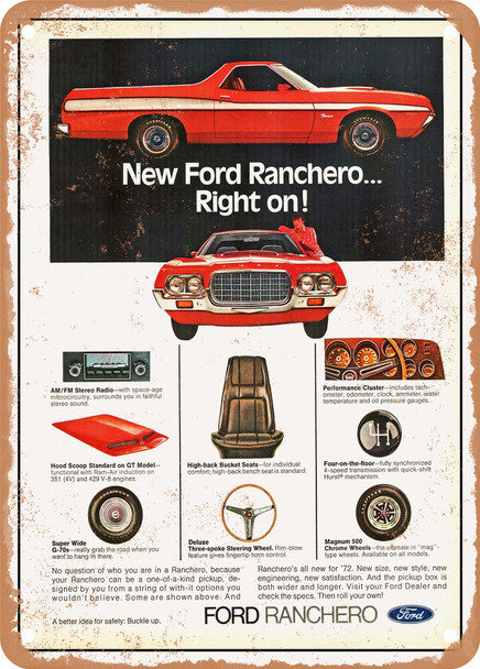 1972 Ford Ranchero 3 Vintage Ad - Metal Sign