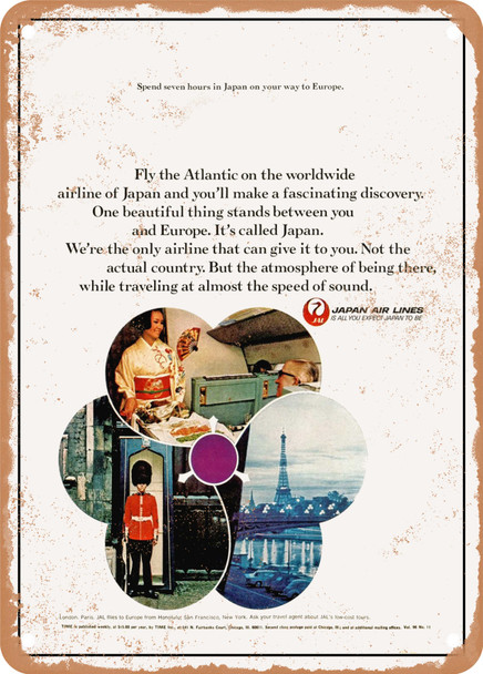 1970 Spend Seven Hours in Japan on Your Way to Europe JAL Japan Air Lines Vintage Ad - Metal Sign