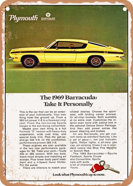 1969 Plymouth Barracuda Sports Fastback Take It Personally Vintage Ad - Metal Sign