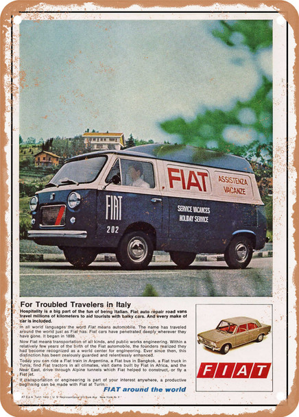 1968 Fiat for Troubled Travelers in Italy Vintage Ad - Metal Sign