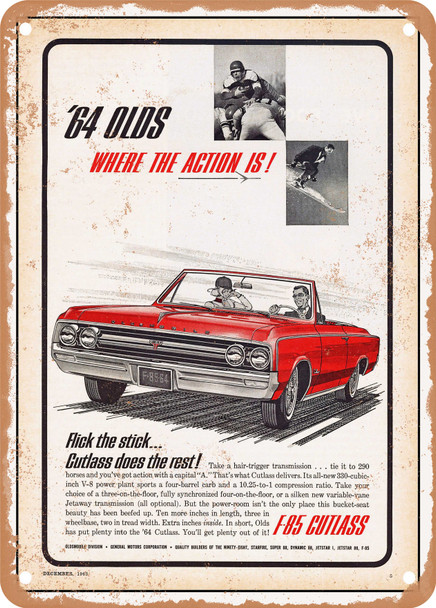 1964 Oldsmobile F 85 Cutlass Convertible 64 Olds Where the Action Is Vintage Ad - Metal Sign