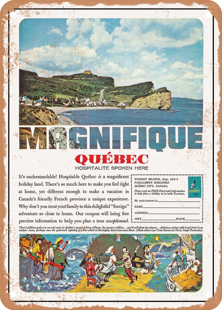 1964 Magnificent Quebec Hospitality spoken here Vintage Ad - Metal Sign