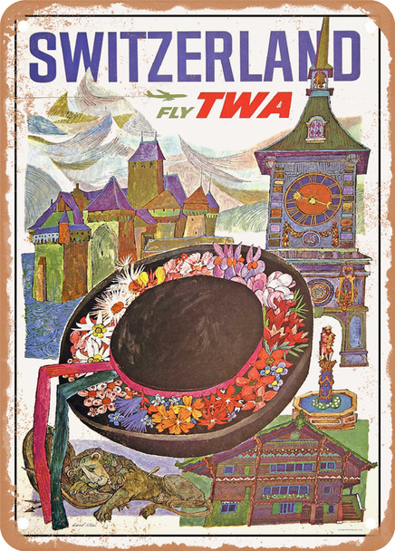 1969 Switzerland Fly World Airlines Vintage Ad - Metal Sign