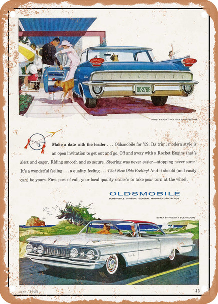 1959 Oldsmobile Ninty Eight and Super 88 Make a Date with the Leader. Vintage Ad - Metal Sign