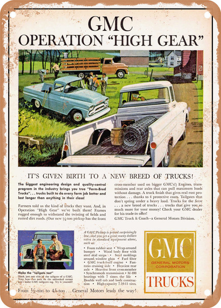 1959 GMC Pickups Stake Truck GMC Operation High Gear Vintage Ad - Metal Sign