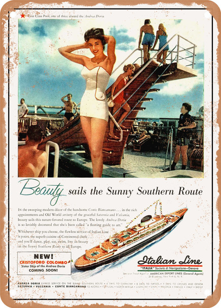 1954 Beauty Sails the Sunny Southern Route Cristoforo Colombo Italian Line Vintage Ad - Metal Sign