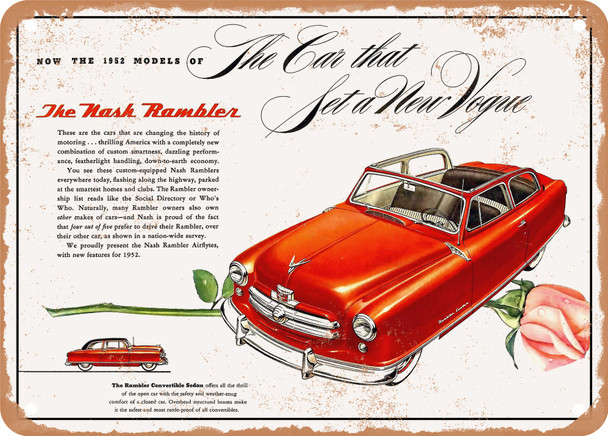 1952 Nash Rambler Convertible Sedan the Car That Set a New Vogue Vintage Ad - Metal Sign