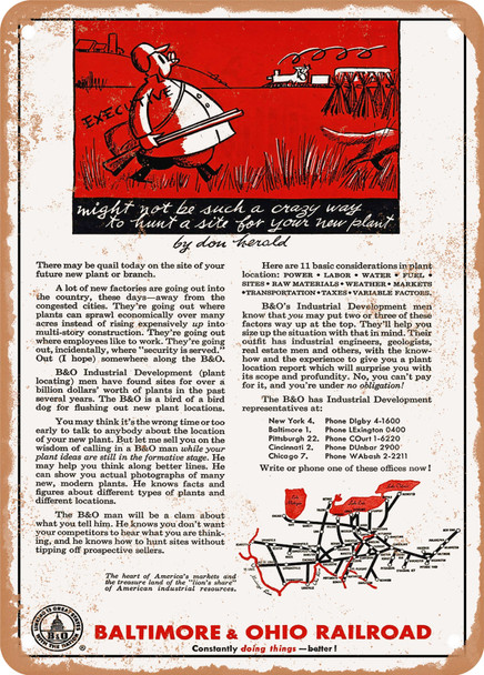 1951 Might Not Be Such a Crazy Way to Hunt a Site for Your New Plant by Don Herald Baltimore Ohio Railroad Vintage Ad - Metal Sign