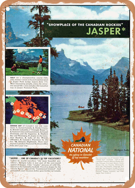 1950 Showplace of the Canadian Rockies Jasper Canadian National Vintage Ad - Metal Sign