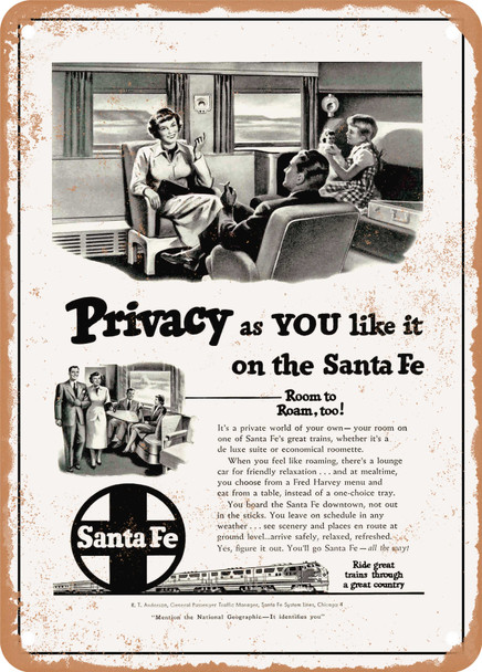 1950 Privacy As You Like It on the Santa Fe Room to Roam Too Vintage Ad - Metal Sign