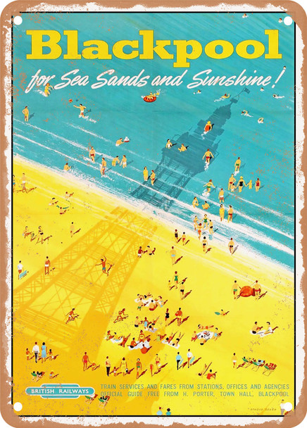 1950 Blackpool for Sea Sands and Sunshine British Railways Vintage Ad 2 - Metal Sign