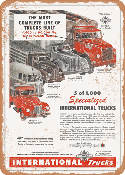1947 International Trucks the Most Complete Line of Trucks Built Vintage Ad - Metal Sign 1947 International Trucks the Most Complete Line of Trucks Built Vintage Ad - Metal Sign