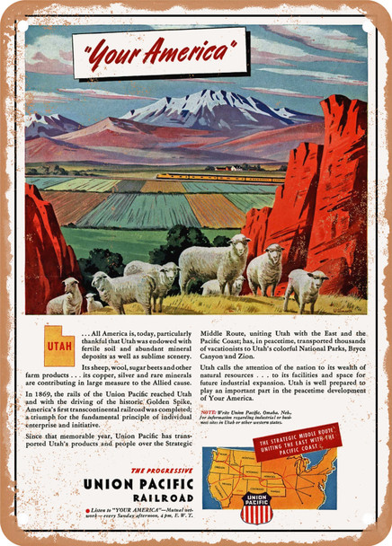 1945 Your America Utah the Progressive UP Railroad Vintage Ad - Metal Sign