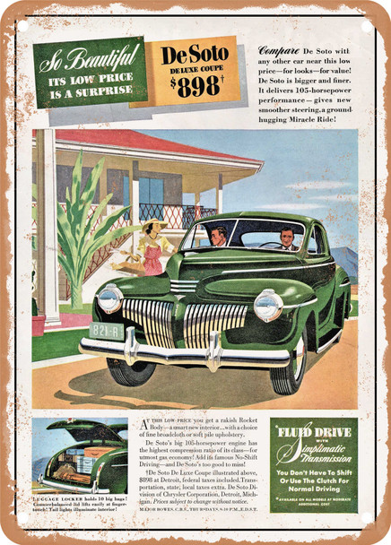 1941 DeSoto Deluxe Coupe So Beautiful Its Low Price Is a Surprise Vintage Ad - Metal Sign