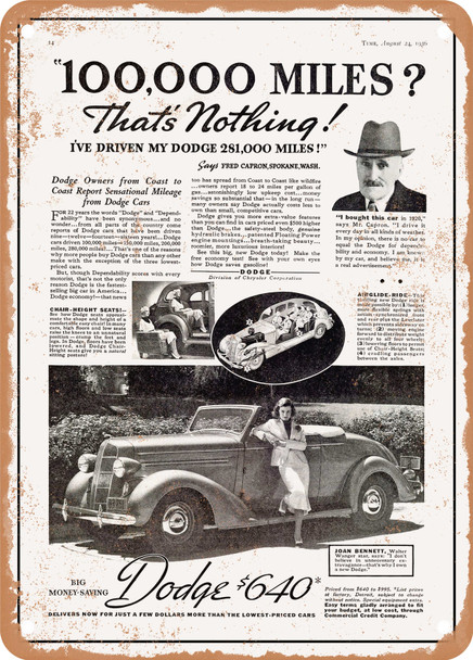 1936 Dodge Convertible Coupe with Joan Bennett Vintage Ad - Metal Sign