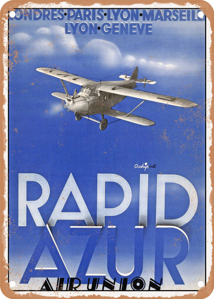 1932 London Paris Lyon Marseille Lyon Geneva Rapid Azur Air Union Vintage Ad - Metal Sign