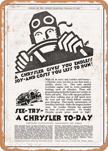 1929 Chrysler Gives You Endless Joy and Costs You Less to Run Vintage Ad - Metal Sign