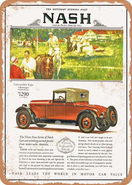 1928 Nash Special Six Cabriolet Leads the World in Major Car Value Vintage Ad - Metal Sign