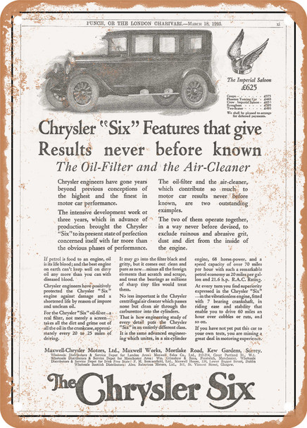 1925 Chrysler Six Imperial Saloon Vintage Ad - Metal Sign