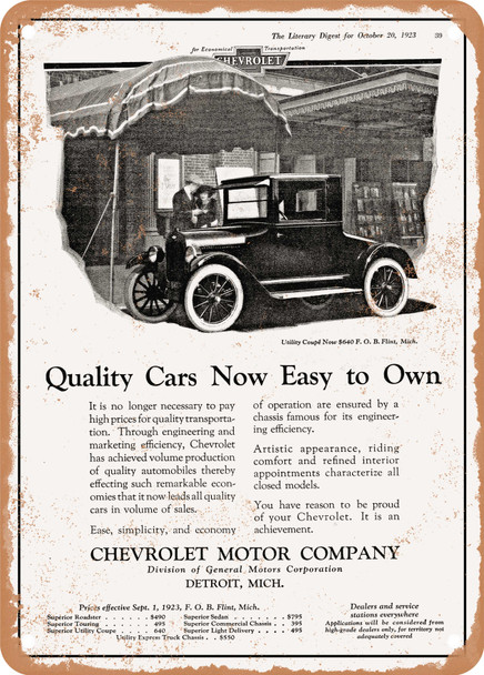 1924 Chevy Utility Coupe Quality Cars Now Easy to Own Vintage Ad - Metal Sign