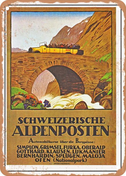 1923 Swiss Alpine Post, automobile courses over mountain passes Emil Cardinaux Vintage Ad - Metal Sign