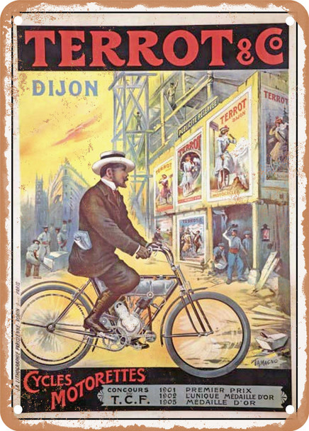 1909 Terrot Cie Dijon Cycles Motorettes by M Tamagno Vintage Ad - Metal Sign