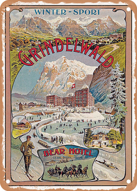 1893 Winter Sport Grindelwald Bear Hotel Vintage Ad - Metal Sign
