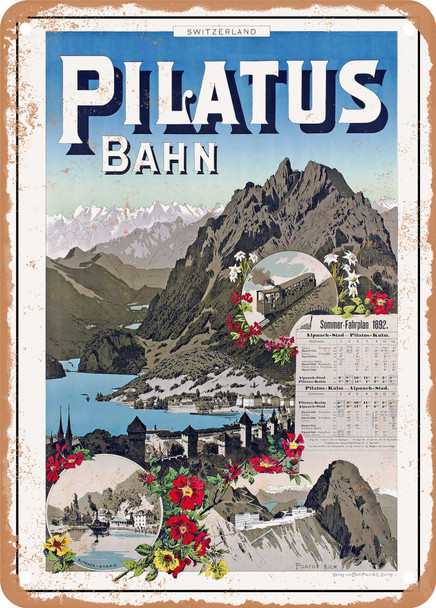 1892 Pilatus Railway summer timetable Vintage Ad - Metal Sign