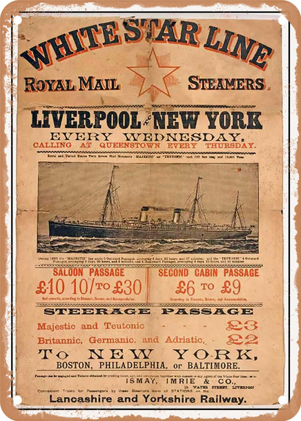 1890 White Star Line Royal Mail Streamers Liverpool to New York Vintage Ad - Metal Sign