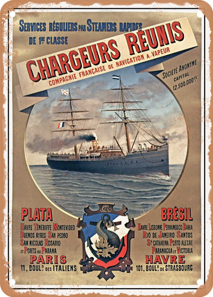 1888 Regular Services by Fast First-Class Steamers Chargeurs Reunis French Steam Navigation Company Vintage Ad - Metal Sign