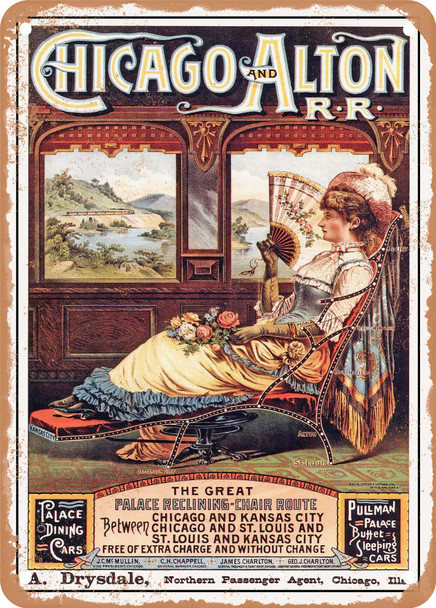 1885 Chicago and Alton Railroad The Great Palace Reclining Chair Route Vintage Ad - Metal Sign