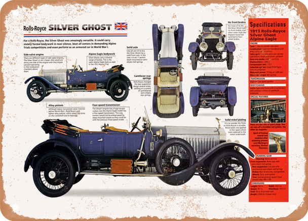 1913 Rolls-Royce Silver Ghost Spec Sheet - Rusty Look Metal Sign