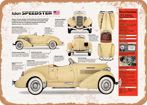 1935 Auburn Speedster Spec Sheet - Rusty Look Metal Sign