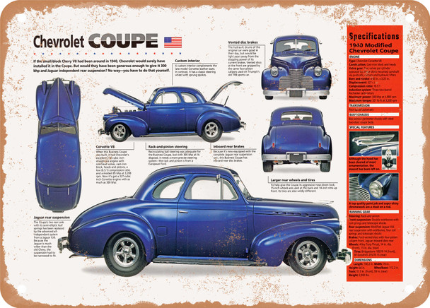 1940 Chevrolet Coupe Spec Sheet - Rusty Look Metal Sign