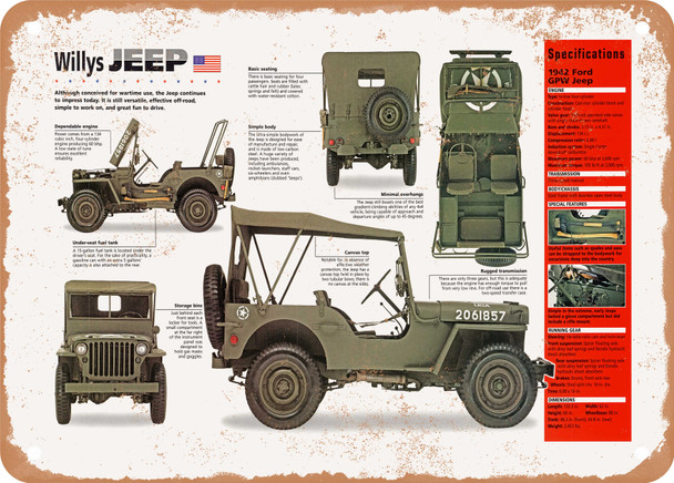 1942 Willys Jeep Spec Sheet - Rusty Look Metal Sign