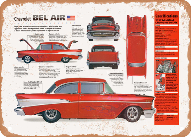 1957 Chevrolet Bel Air Spec Sheet - Rusty Look Metal Sign