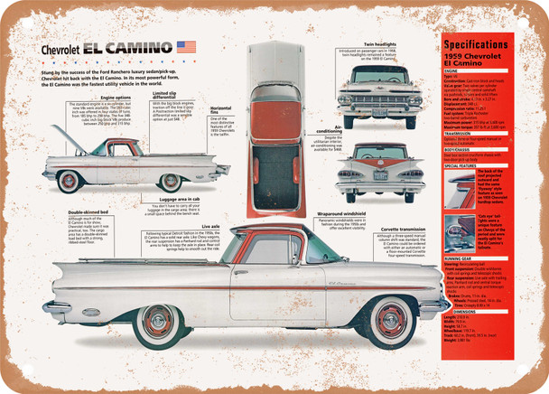 1959 Chevrolet El Camino Spec Sheet - Rusty Look Metal Sign