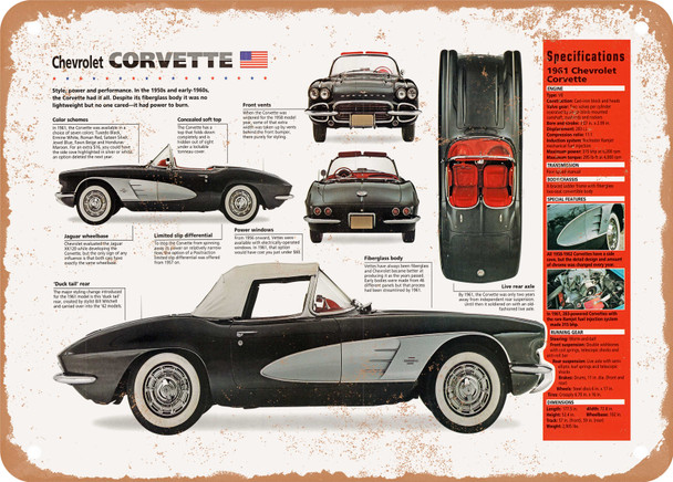 1961 Chevrolet Corvette Spec Sheet - Rusty Look Metal Sign