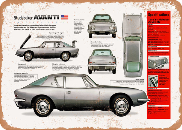 1963 Studebaker Avanti Spec Sheet - Rusty Look Metal Sign